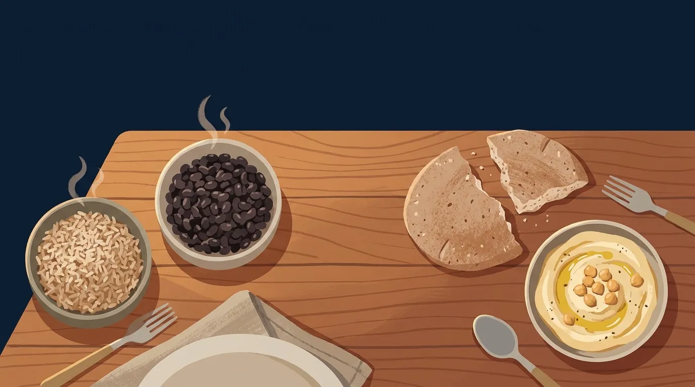 Editorial illustration of bowls of beans paired with whole grains like brown rice and whole wheat pita showing the complete amino acid pairing concept