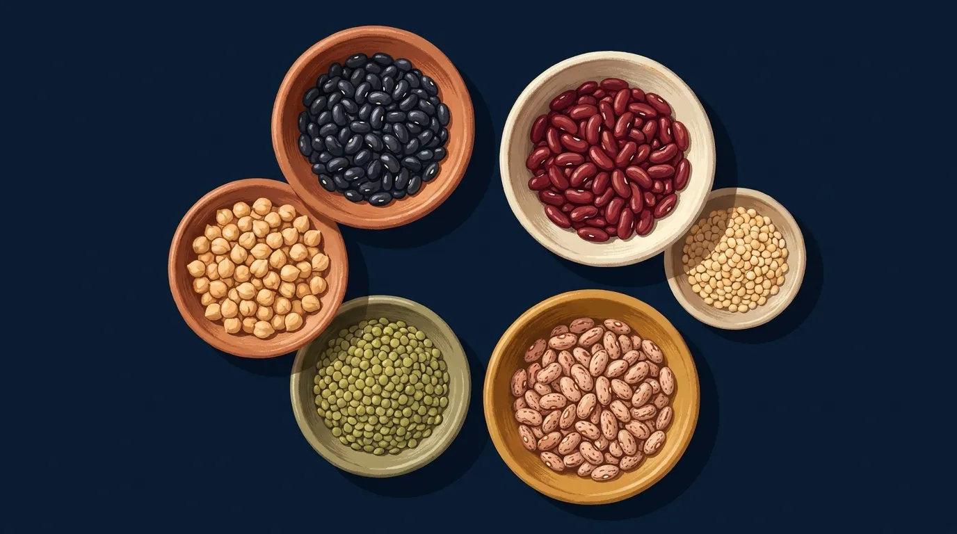 Editorial illustration of an assortment of beans and legumes in bowls including black beans, kidney beans, chickpeas, and lentils with stylized fiber and protein indicators floating above each bowl