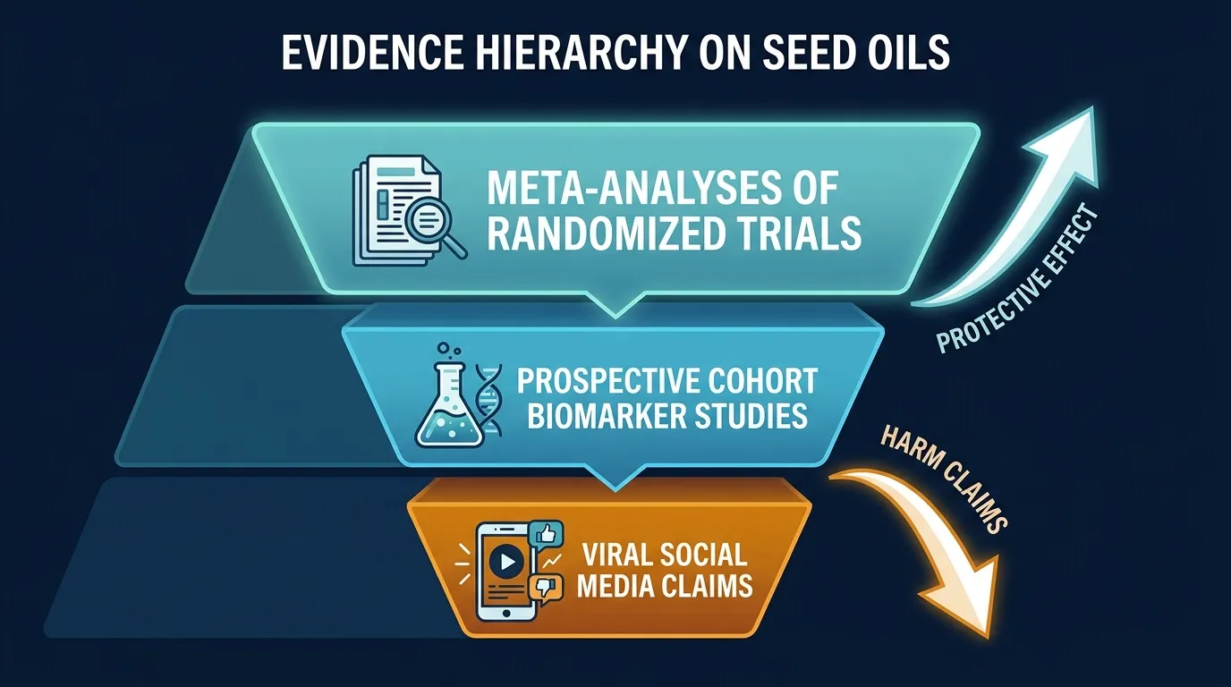 Conceptual illustration showing a stack of evidence types ranking randomized trials and meta-analyses at the top biomarker cohorts in the middle and viral social media claims at the bottom