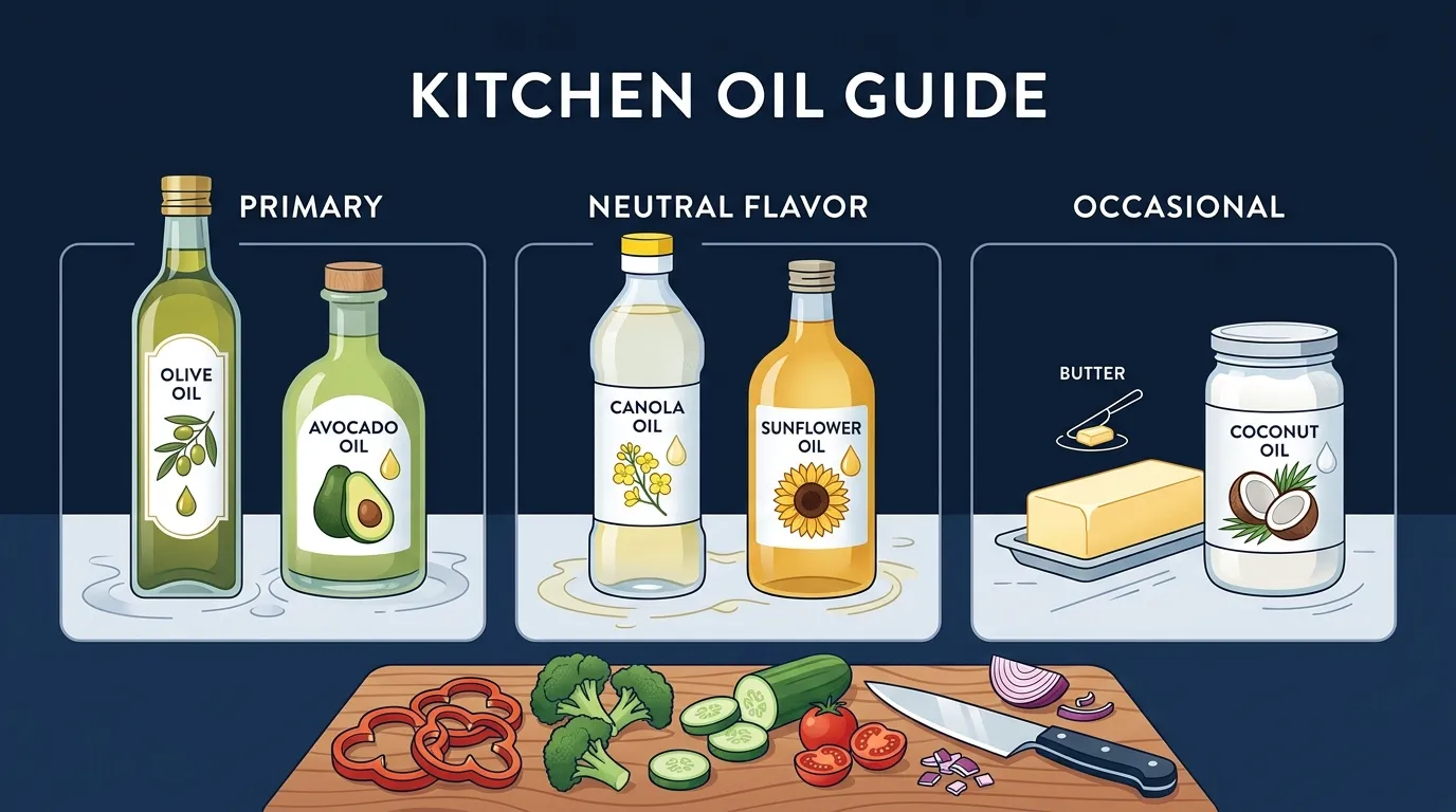 Conceptual illustration of cooking oil bottles arranged on a kitchen counter showing olive oil and avocado oil as primary choices canola and sunflower as secondary and butter and coconut as occasional use