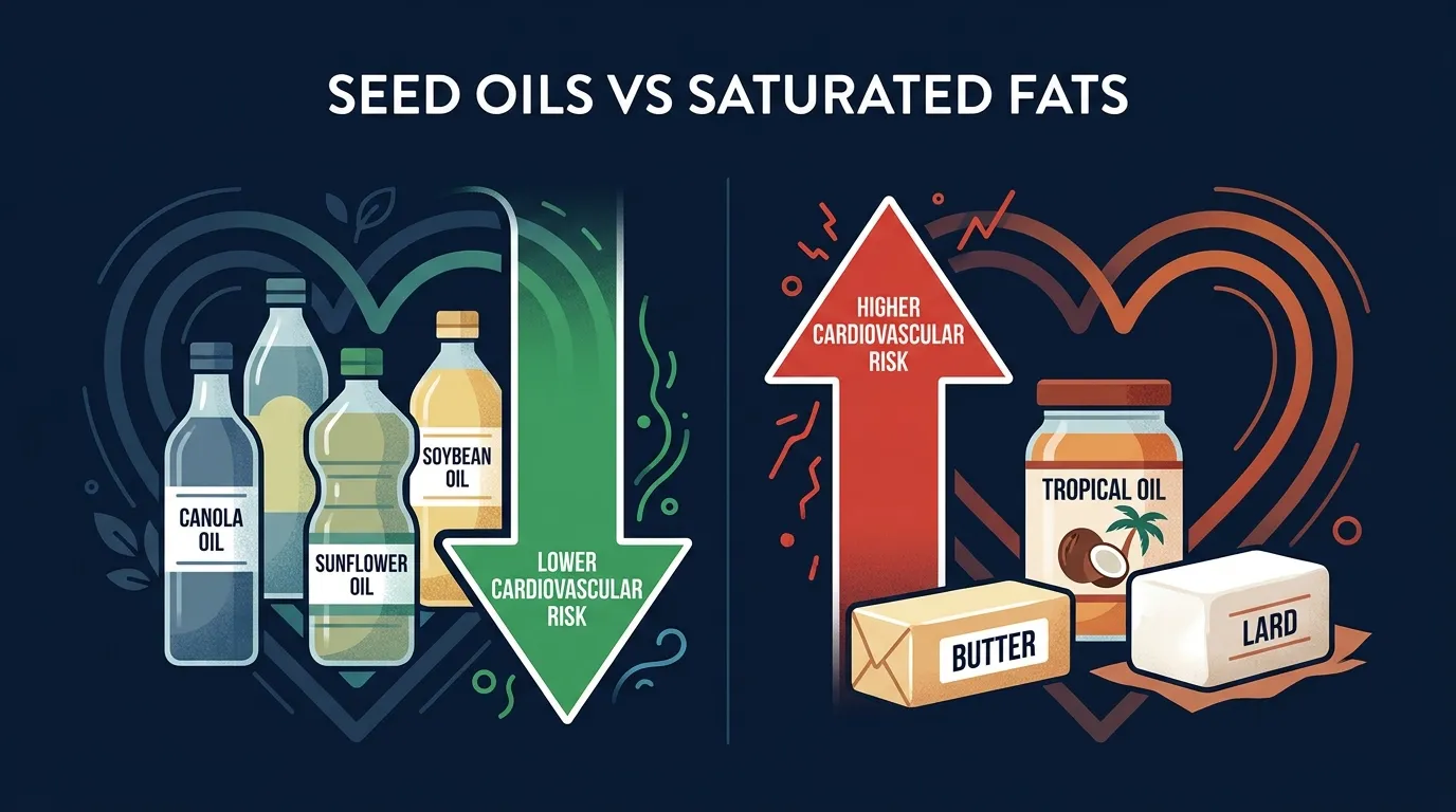 Conceptual illustration comparing seed oils to butter and tropical oils with arrows pointing from saturated fat sources toward higher cardiovascular risk and polyunsaturated seed oils toward lower risk