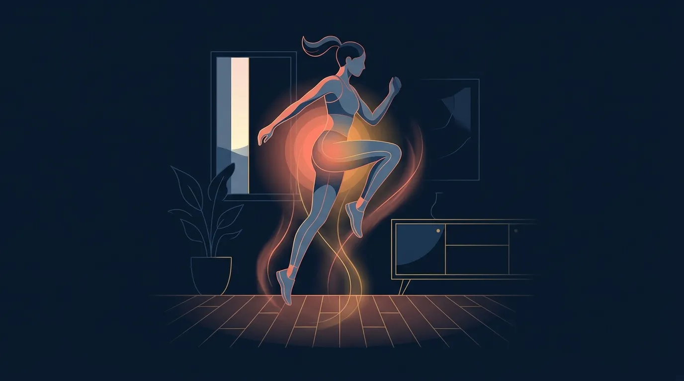 Editorial illustration of a woman performing a small two-foot vertical jump on a hard floor in her living room, with a soft glow around her hip joint indicating bone-loading effect