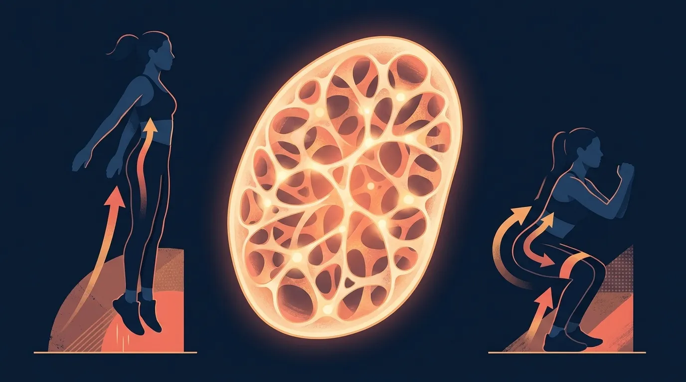 Editorial illustration of dense, healthy bone microstructure being supported by a person doing a small jump and another doing a banded squat in a home setting, symbolizing at-home bone density training