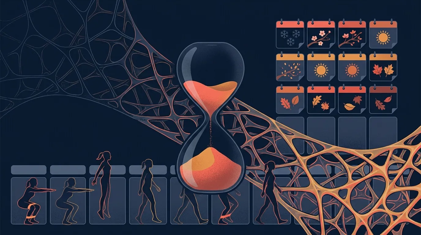 Editorial illustration of an hourglass beside seasonal calendars and a row of small figures squatting and walking, with trabecular bone structure densifying in the background, illustrating the slow timeline of bone remodeling