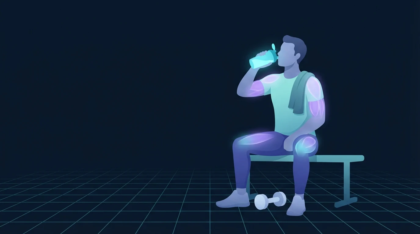 An adult sitting on a bench after training with a towel over one shoulder, drinking from a plain shaker bottle with a dumbbell on the floor nearby, showing a shake used to fill a real gap in the day