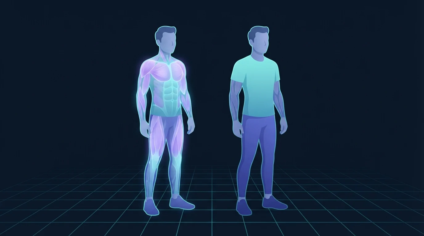 Two figures of the same height and build side by side, the left one with shoulders, chest, arms and thighs glowing brightly and the right one barely lit, showing preserved versus lost lean mass during weight loss