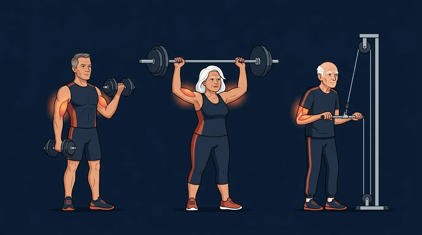 Editorial infographic showing large strength gains from resistance training across the older-adult research, from the Fiatarone trial to modern meta-analyses