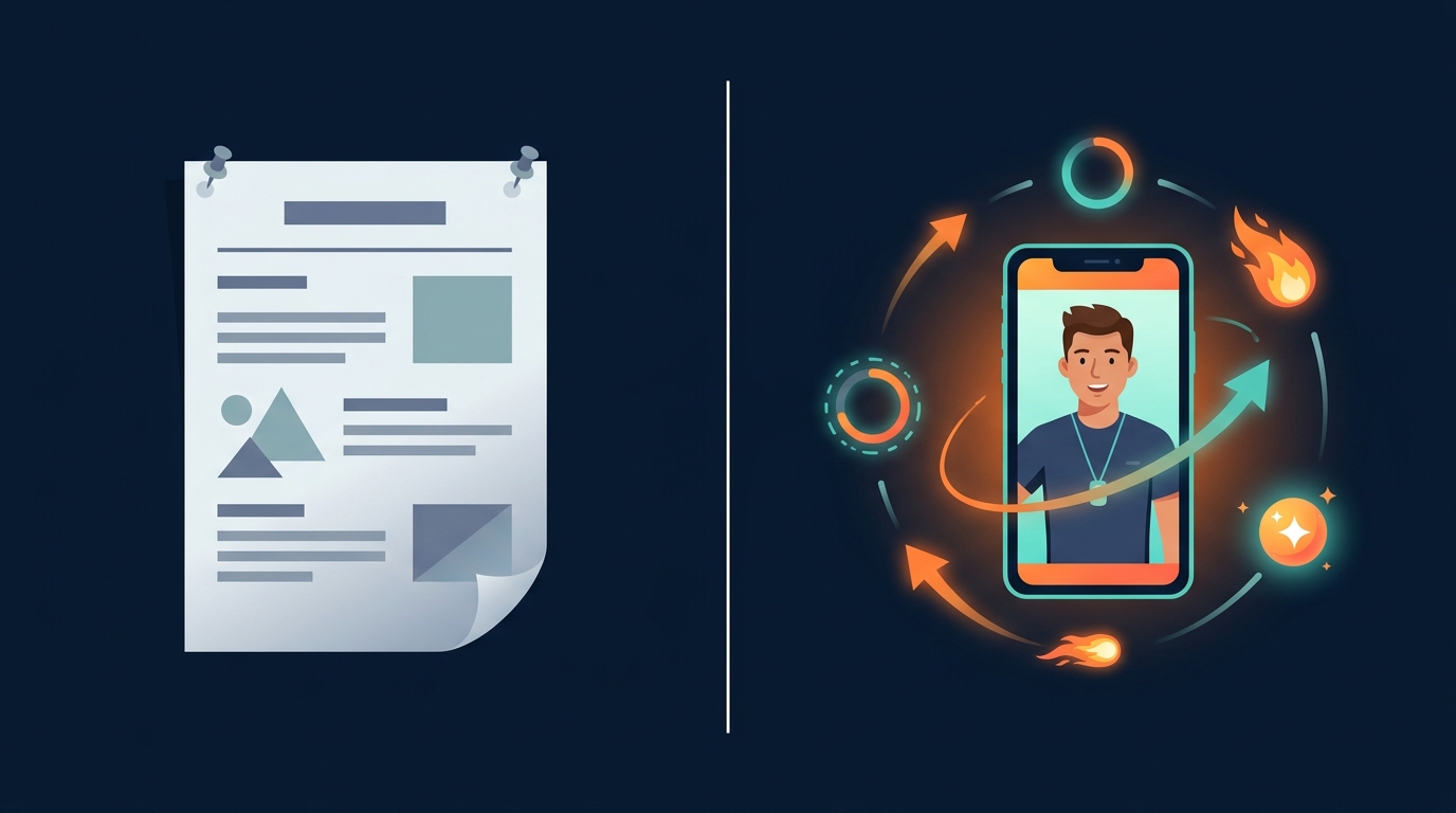 Illustration comparing a static AI-generated workout plan with an adaptive coaching system that tracks progress and rewards consistency