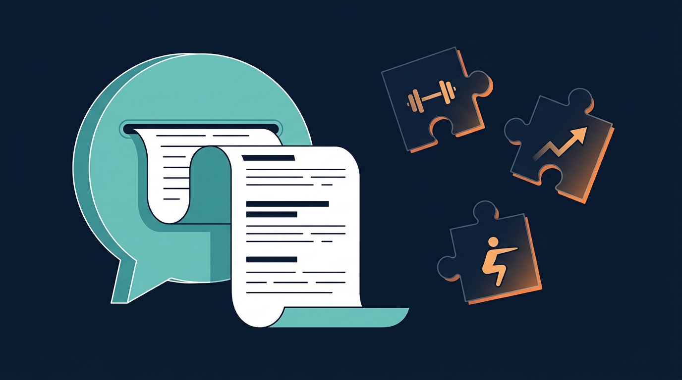 Editorial illustration of a chat interface generating a workout plan while progression tracking and adaptation remain missing