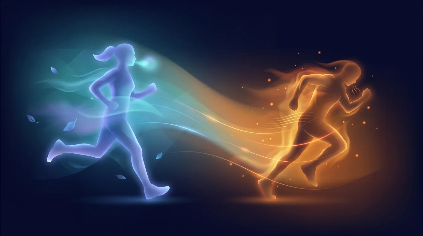 Editorial illustration of two runners side by side, one in cool autumn conditions running comfortably and one in summer heat showing visible fatigue and sweat, with abstract temperature gradient flowing across the scene