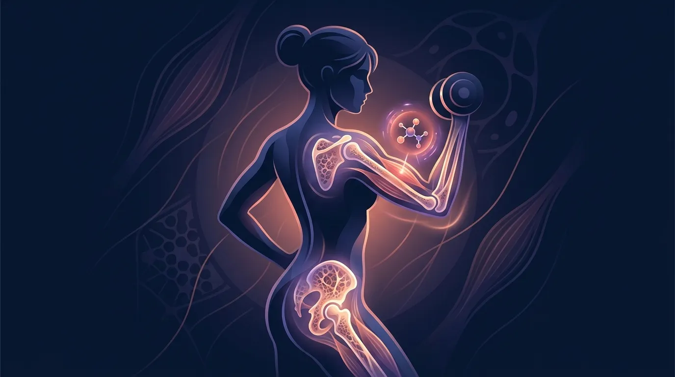 Editorial illustration showing dense bone structure being supported by resistance training and creatine, with a postmenopausal woman lifting weights, symbolizing bone preservation