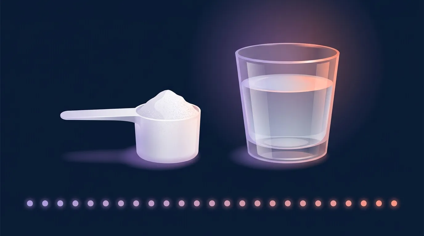 Editorial illustration of a small daily scoop of creatine powder beside a glass of water and a calendar showing daily consistency, illustrating the simple daily dose protocol