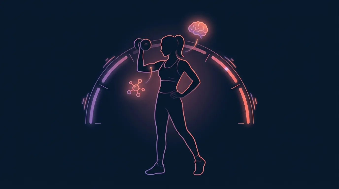 Editorial illustration of a woman lifting a dumbbell with creatine molecules and a brain icon glowing nearby, symbolizing creatine's effects on muscle, bone, and brain across the female lifespan