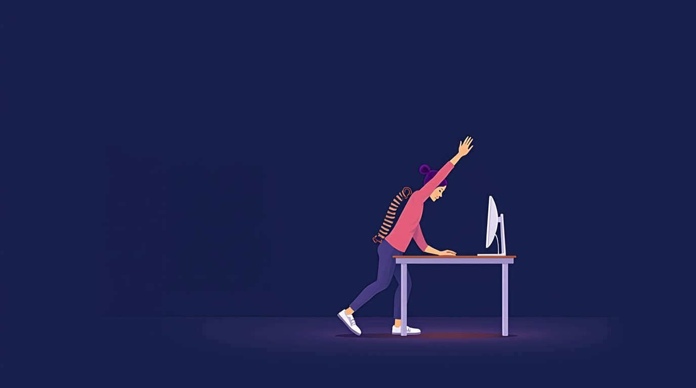 Desk worker stretching at a standing desk to counter long sitting hours