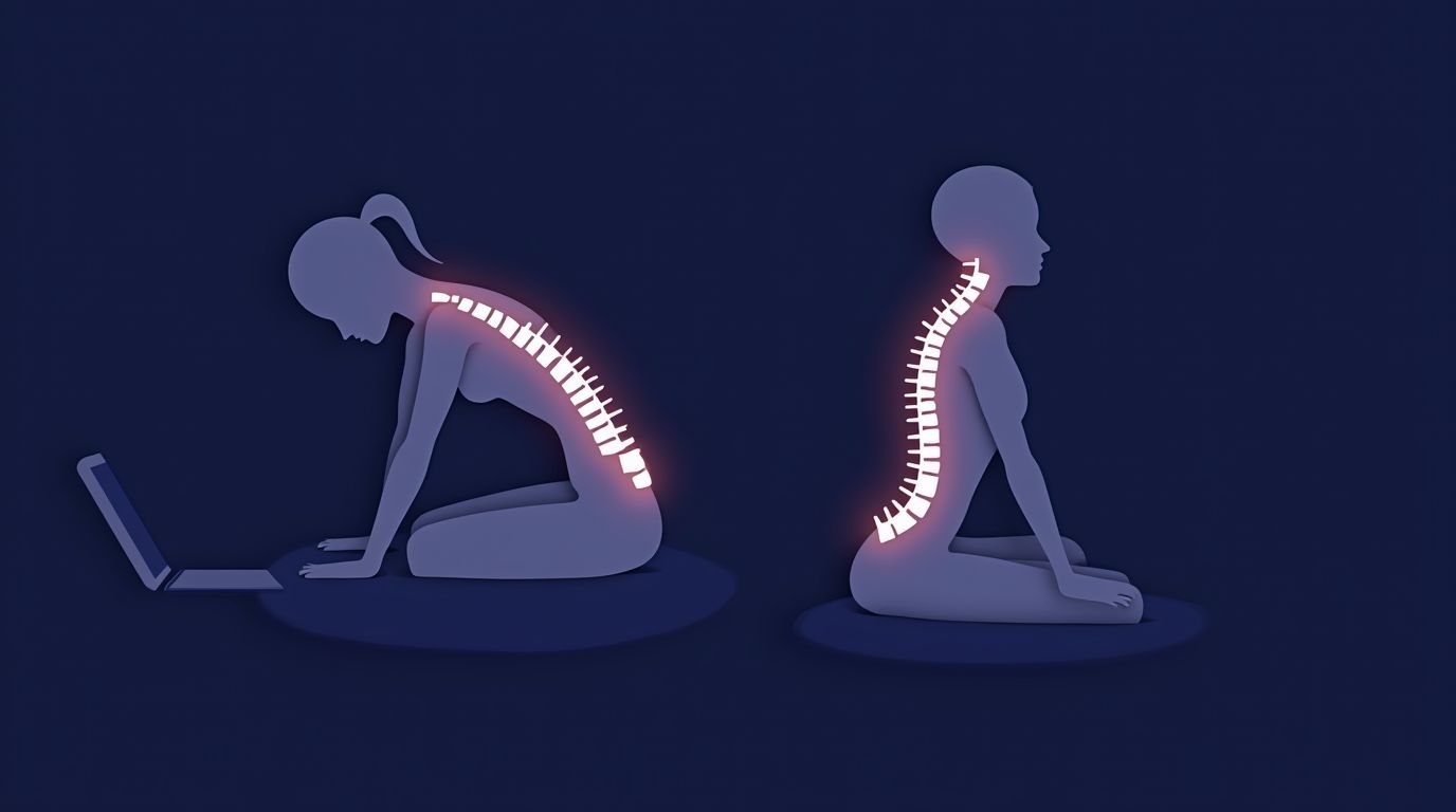 Posture comparison of slumped desk position versus aligned upright spine