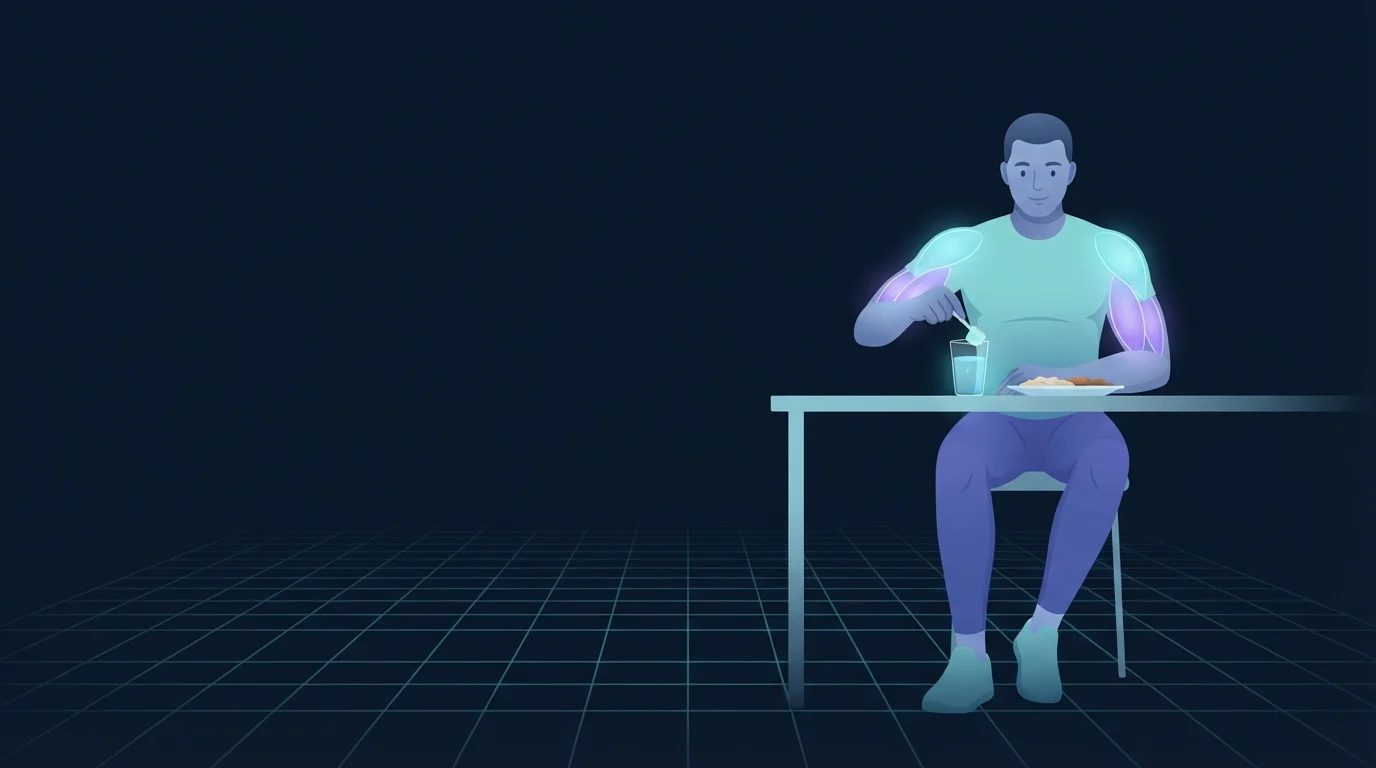 A lifter at a kitchen counter stirring a small scoop of powder into a glass of water beside a plate of food, shoulders and arms glowing softly