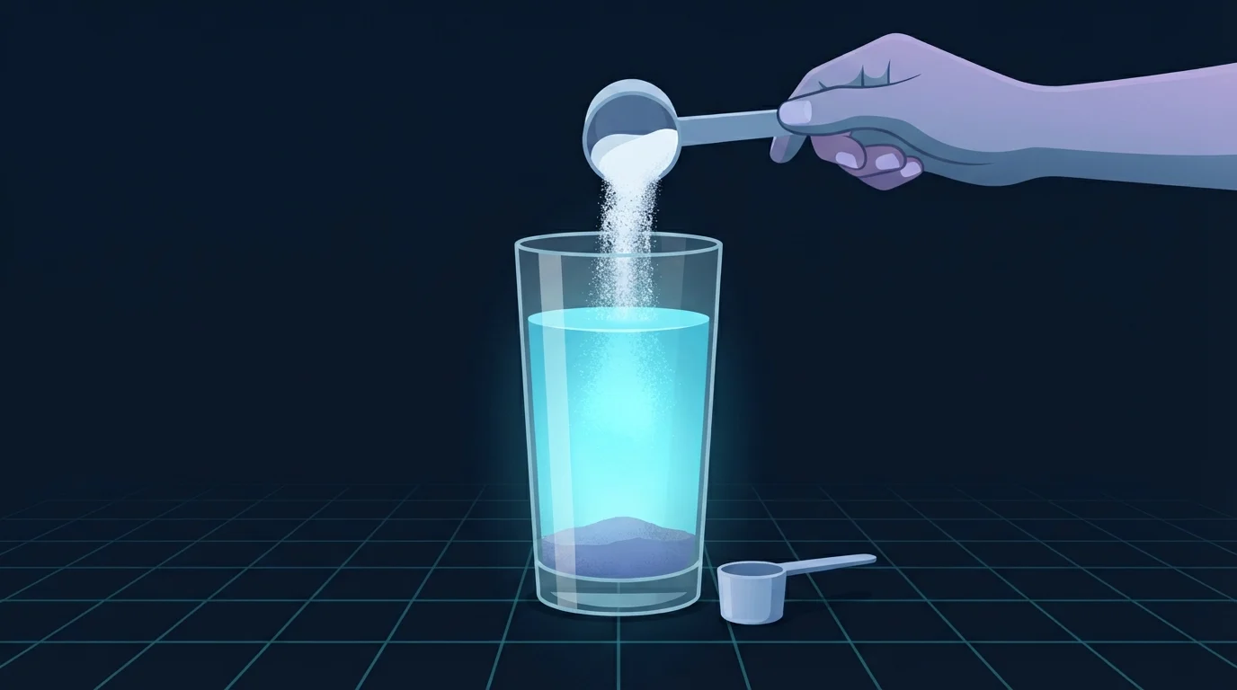 A scoop of white powder tipping into a tall glass of water, most of it dissolved into a glowing cyan suspension while a gritty undissolved layer settles at the bottom, a smaller scoop resting beside the glass