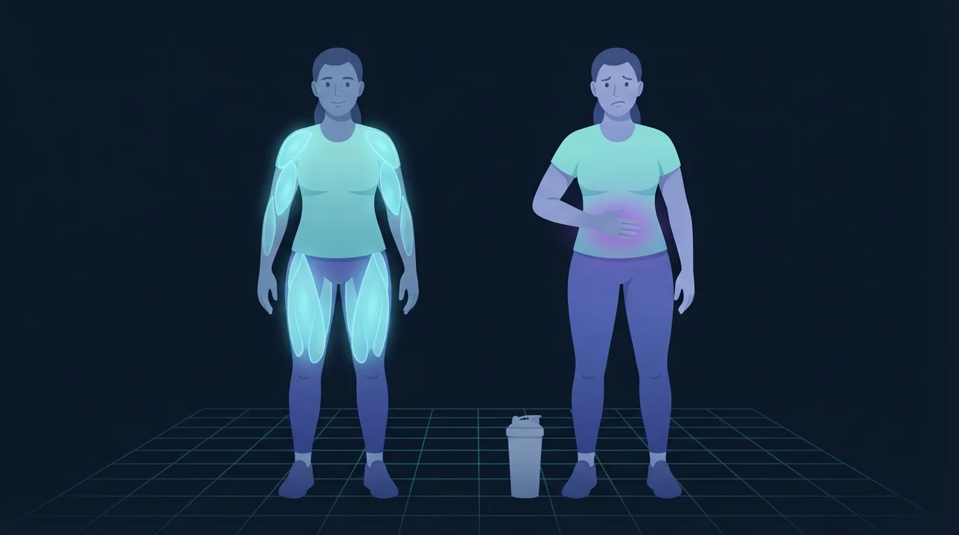 Two figures of the same build side by side, one with the thighs, shoulders and arms lit from inside in cyan, the other holding a hand to a stomach carrying a diffuse violet glow, a plain shaker bottle on the floor between them