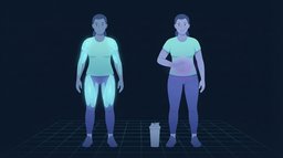 Two figures of the same build side by side, one with the thighs, shoulders and arms lit from inside in cyan, the other holding a hand to a stomach carrying a diffuse violet glow, a plain shaker bottle on the floor between them