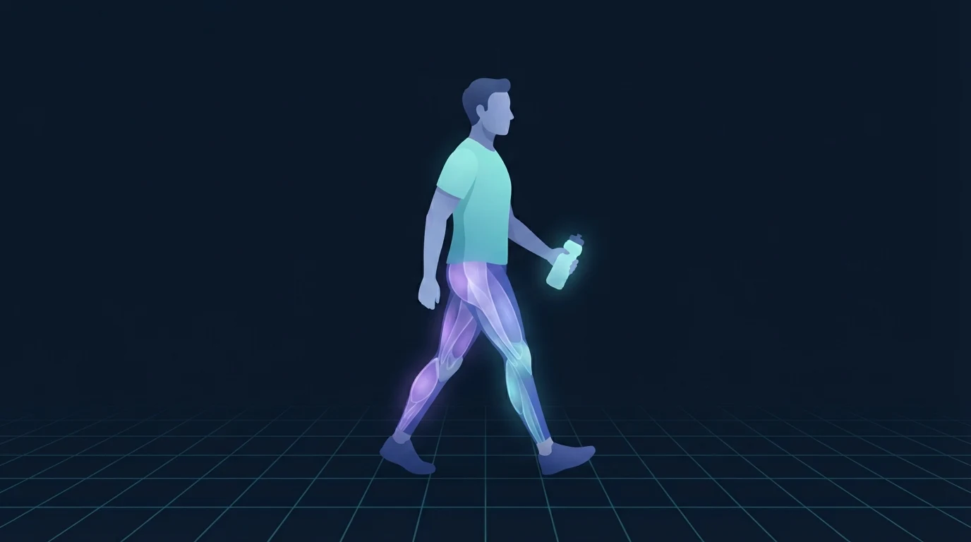 An adult walking at an easy pace carrying a plain water bottle, legs lit up, showing water as an ordinary daily habit rather than a weight-loss intervention