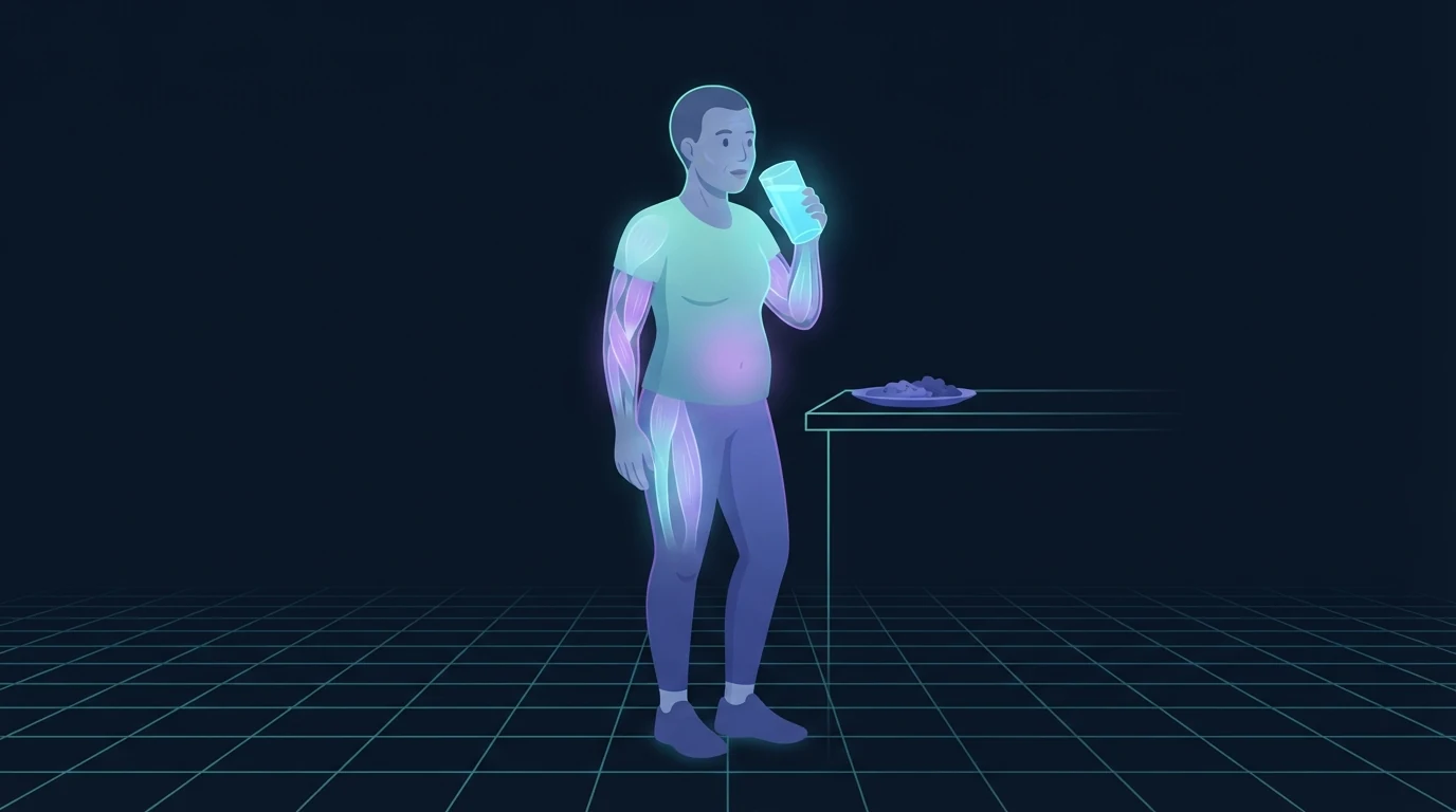 An adult standing at a kitchen counter drinking a tall glass of water before a plate of food, the glass and the stomach lit up to show the premeal water preload