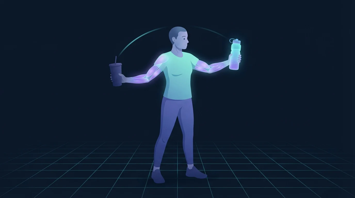 An adult holding a glowing water bottle in one hand and a dim soda cup with a straw in the other, looking toward the water, showing the swap from caloric drinks to water