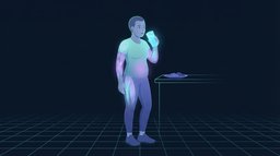 An adult standing at a kitchen counter drinking a tall glass of water before a plate of food, the glass and the stomach lit up to show the premeal water preload