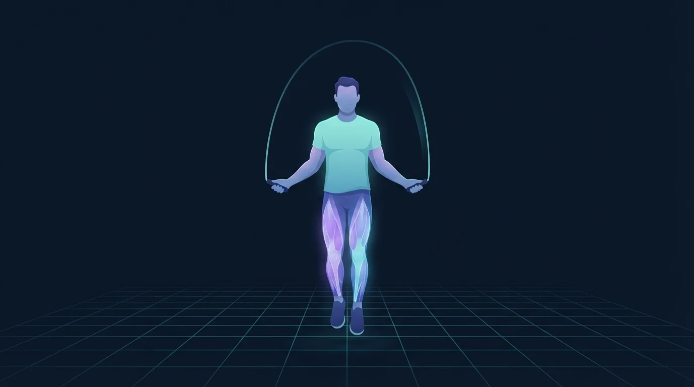Illustration of an adult mid-skip with a jump rope, feet just off the floor and the calves and quadriceps glowing to show the working muscles