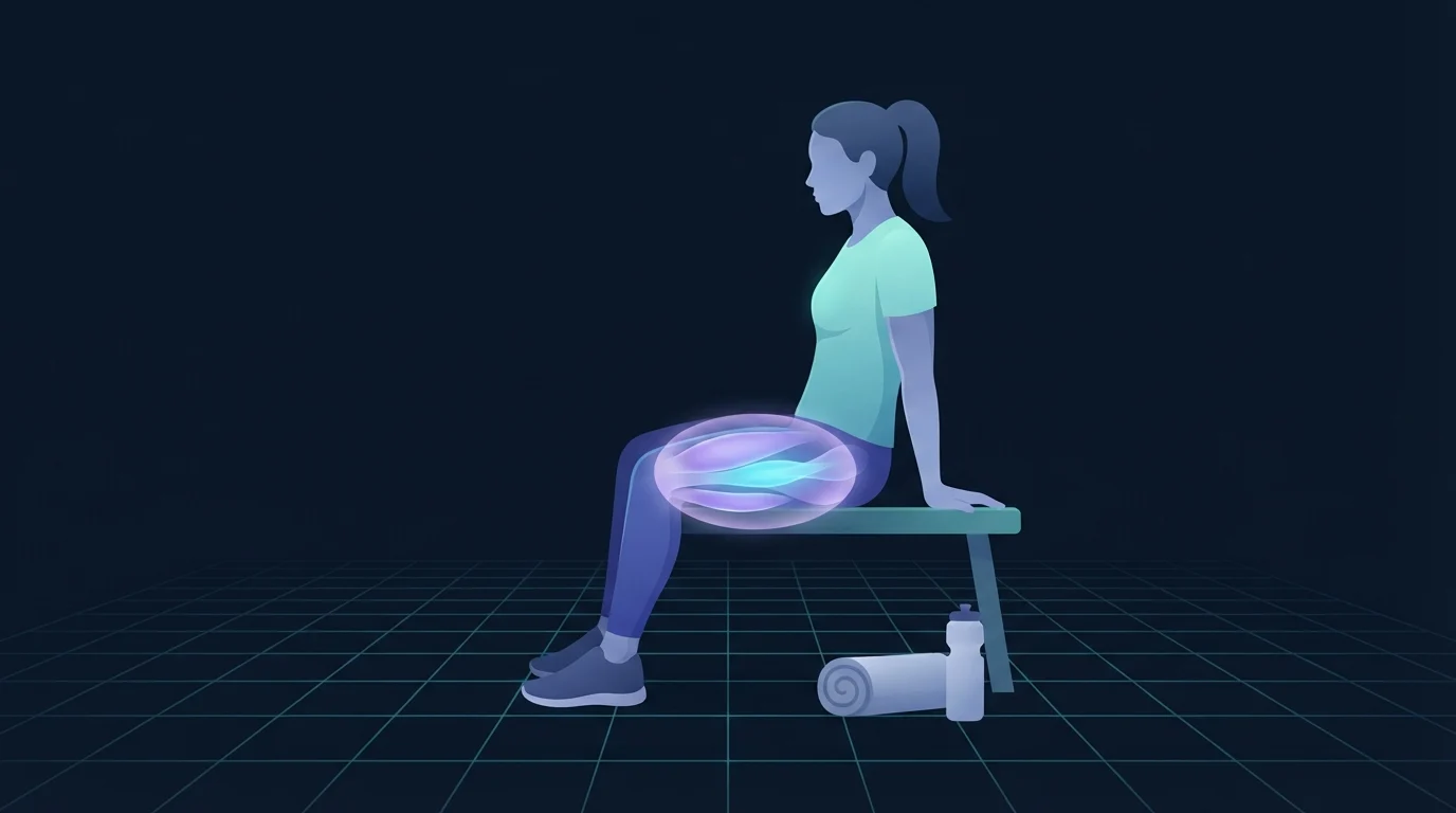 A lifter sitting sideways on a bench after training, one thigh surrounded by a soft violet halo of fluid under the skin with a smaller steady cyan core glowing deeper inside the muscle