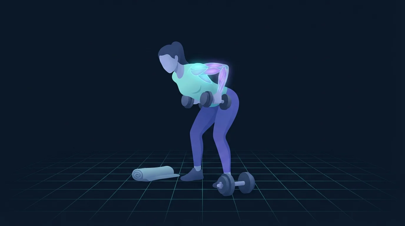 A lifter at the top of a bent-over dumbbell row with the upper back glowing, a heavier pair of dumbbells waiting on the floor just ahead of them