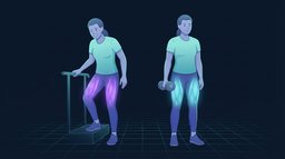 Two lifters of the same build side by side, one easing painfully down a step with the thighs lit in angry violet, the other standing relaxed with a dumbbell and the same thighs lit in calm cyan and visibly fuller