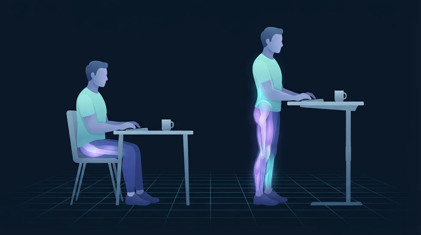 One adult seated at a desk typing beside a second adult typing at the same desk raised to standing height, the standing figure's calves, thighs, glutes and lower back glowing as the postural muscles holding them upright