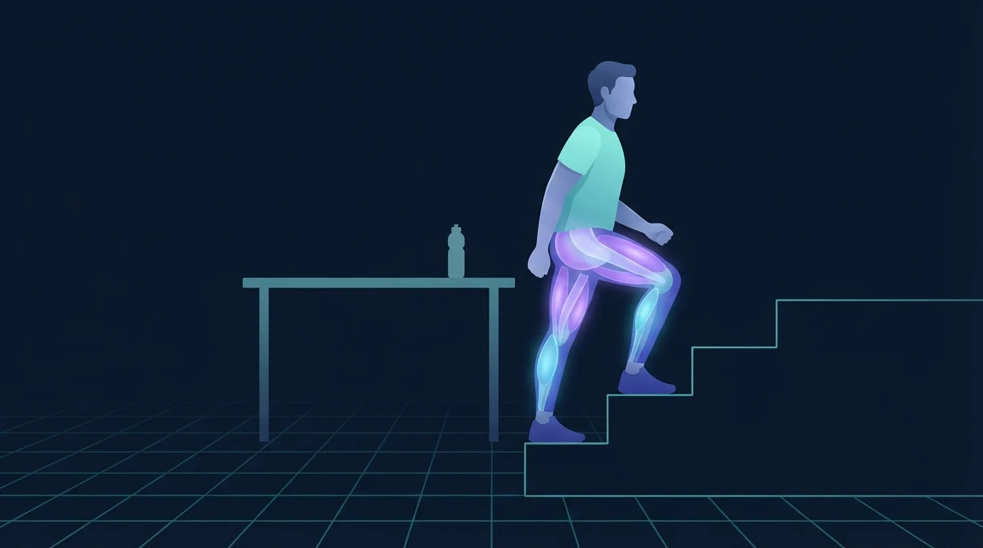 An adult in work clothes stepping up a short flight of stairs away from an empty standing desk, the front thighs, glutes and calves glowing strongly