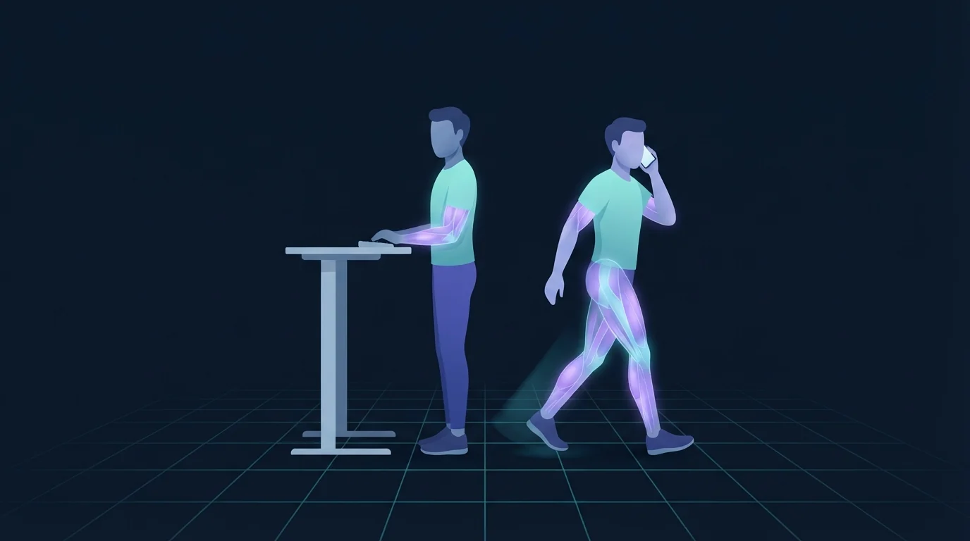 One adult standing motionless at a tall desk with almost no glow beside a second adult pacing away with a phone to the ear, the walking figure's calves, thighs, hips and glutes glowing brightly