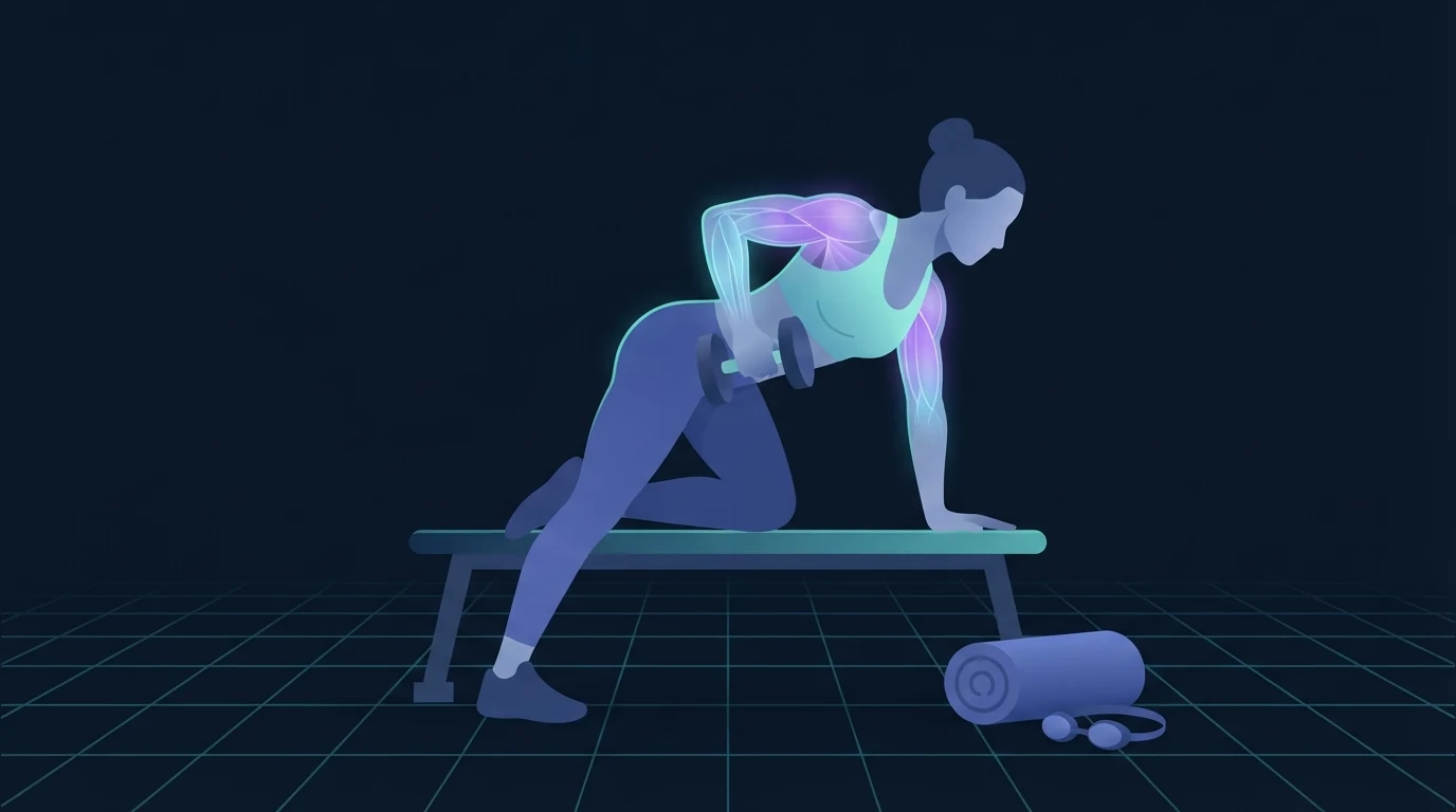A figure braced on a low bench performing a single-arm dumbbell row, the upper back and rear shoulder glowing, with a rolled towel and a pair of swim goggles on the floor beside them