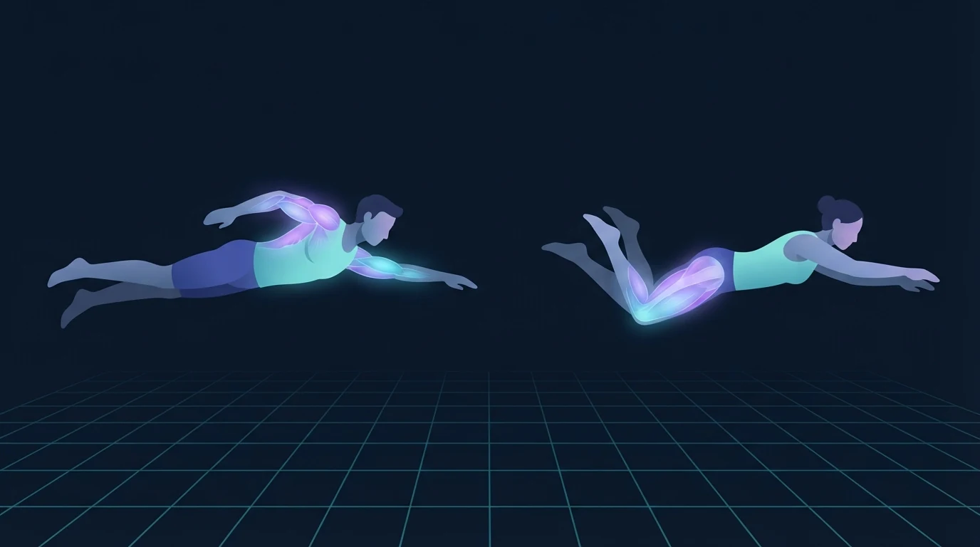 Two swimmers side by side above a teal grid, the left one horizontal in a freestyle pull with the upper back and chest glowing, the right one drawing the knees up into a breaststroke kick with the inner thighs and legs glowing