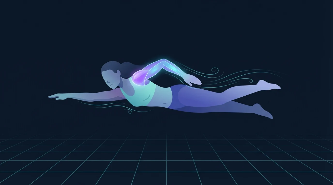 A swimmer stretched out horizontally mid-stroke just under the surface, the upper back and shoulders glowing as the working muscles while thin lines of displaced water trail from the arms