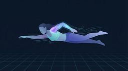 A swimmer stretched out horizontally mid-stroke just under the surface, the upper back and shoulders glowing as the working muscles while thin lines of displaced water trail from the arms