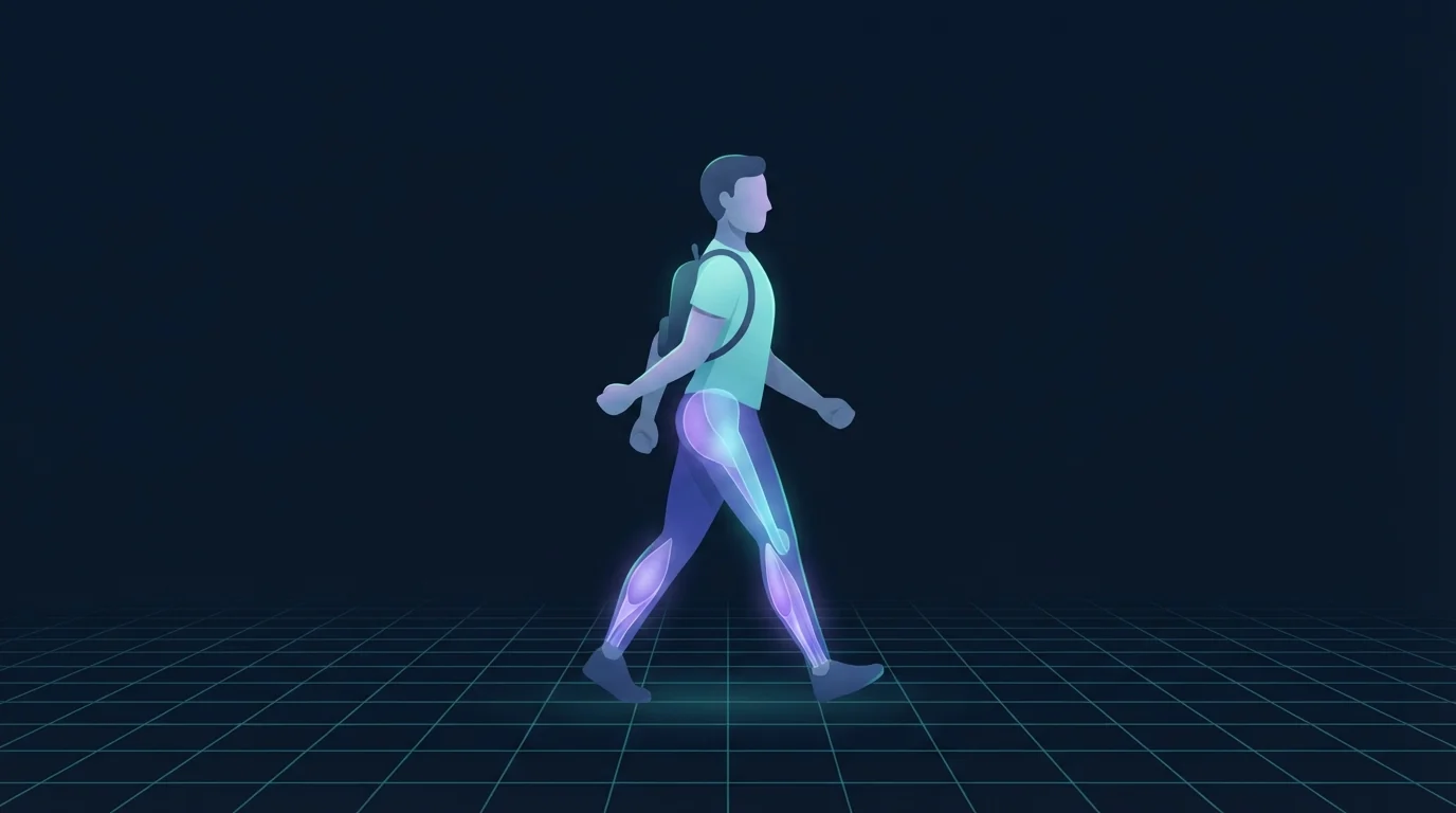 Illustration of an adult walking briskly with bent elbows and a daypack, calves, glutes and core glowing to show the muscles doing the work