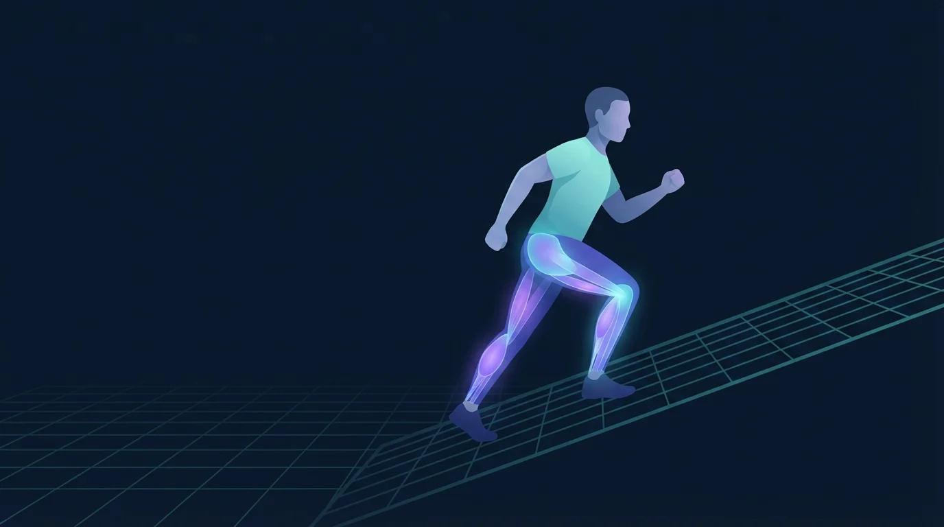 Illustration of an adult walking up a steep grid incline with hamstrings, glutes and calves glowing brightly, showing how grade raises the energy cost of walking