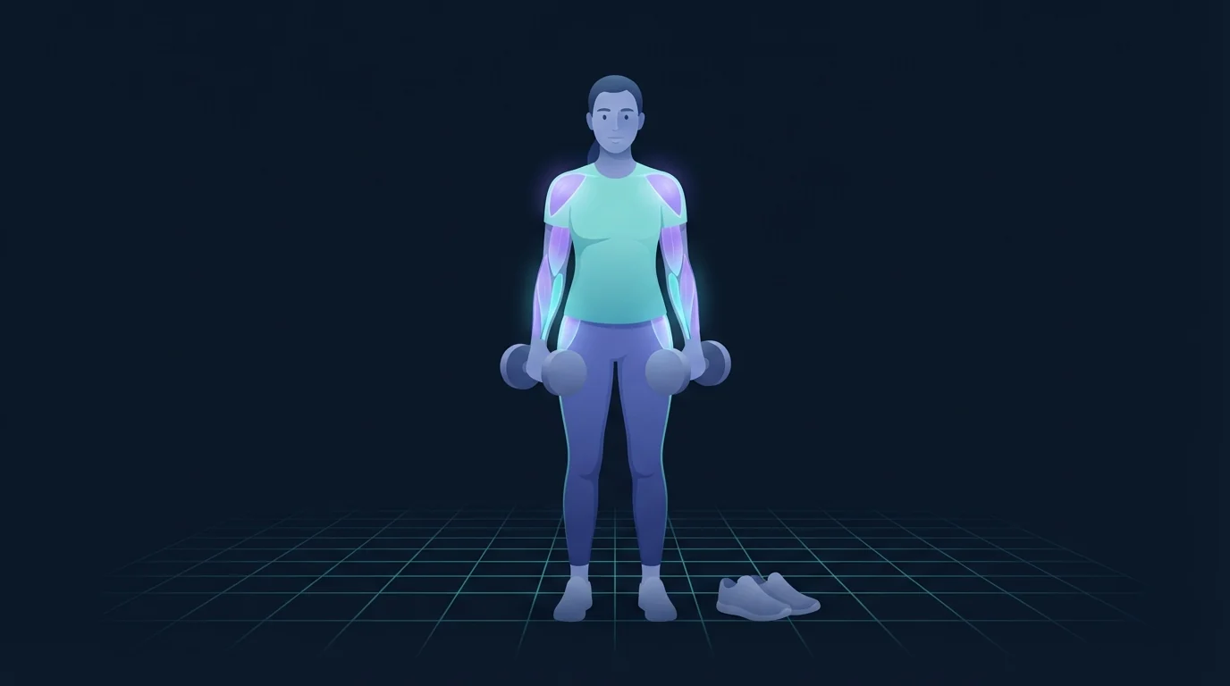 Illustration of an adult holding a dumbbell in each hand in a loaded carry with shoulders, back and forearms glowing, walking shoes resting nearby