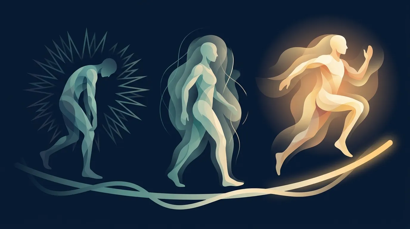 Editorial illustration showing a runner over time, growing from a hunched self-conscious figure to a relaxed, confident runner over a curved timeline
