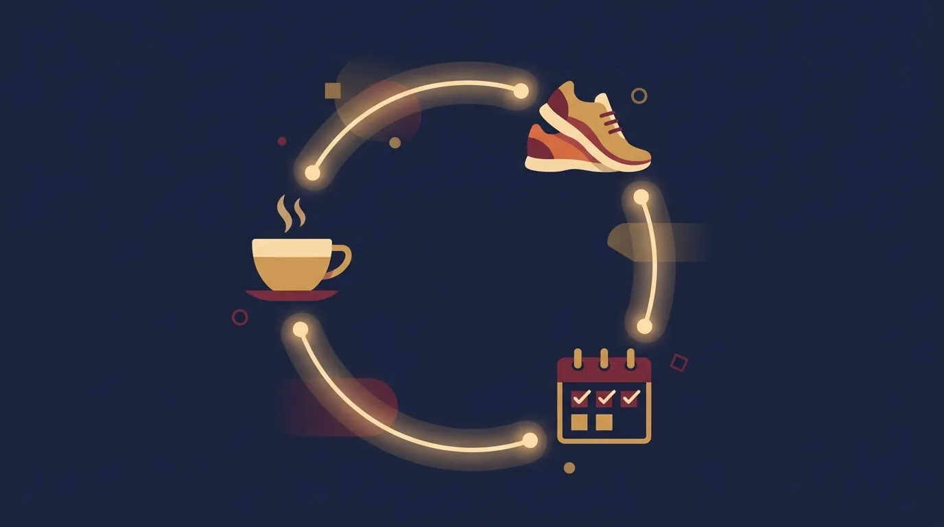 Illustration of habit formation systems showing environment cues, identity loops, and streak mechanics working together