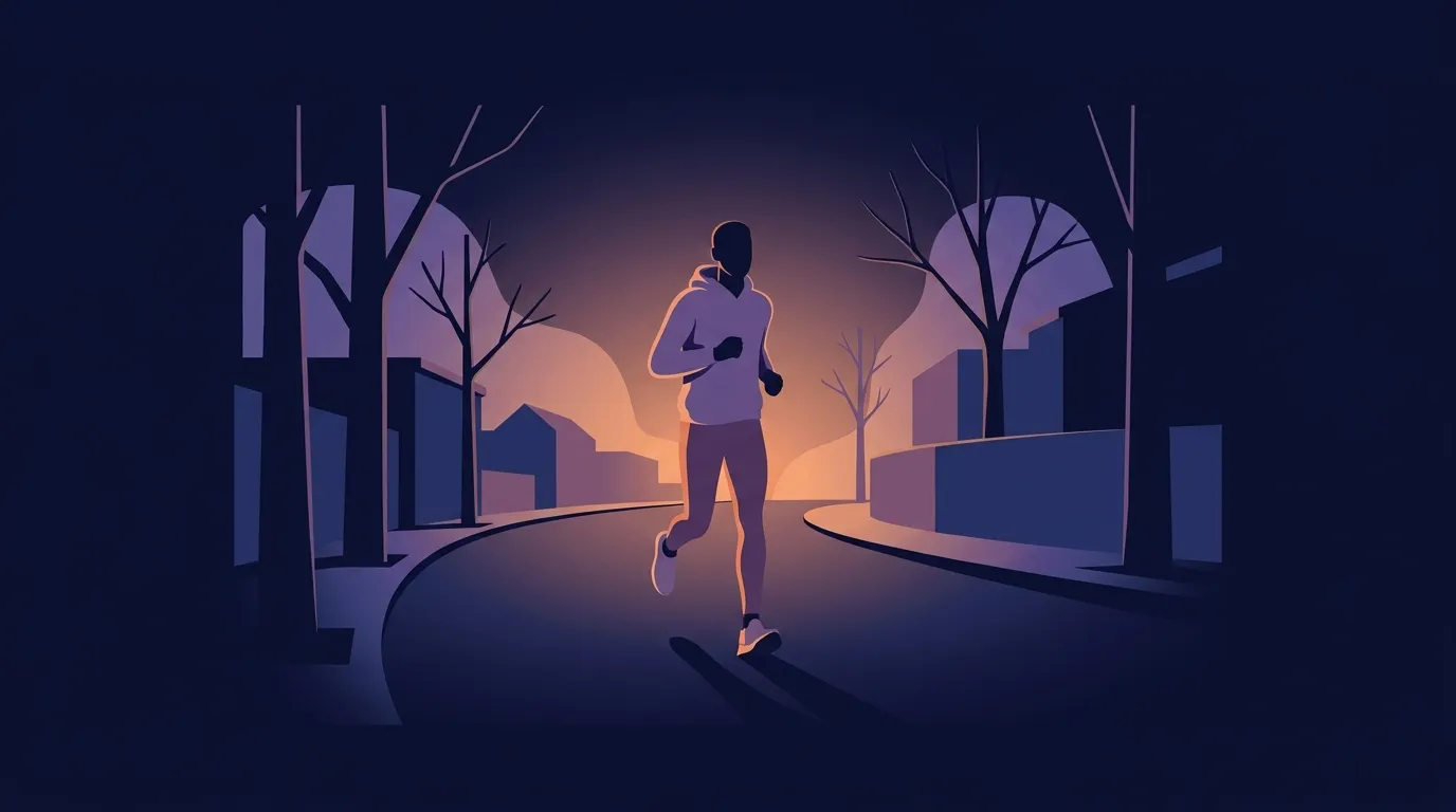 Editorial illustration showing a first-time runner pacing slowly with relaxed breathing on a quiet street