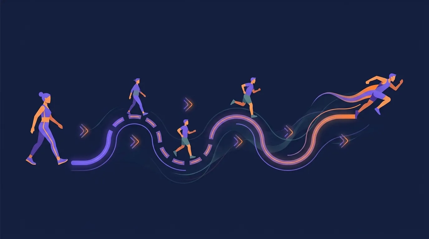 Editorial illustration showing a four-week walk-run progression from short jog intervals to continuous running