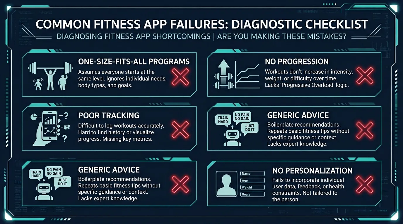 Fitness Apps Common Failures — visual guide for the Why Content Libraries Don't Create Habits section