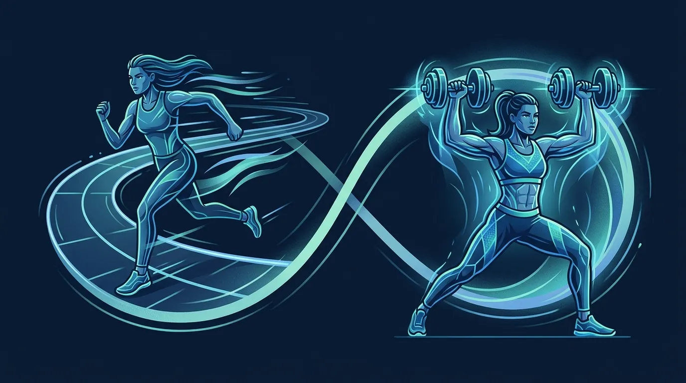 Editorial illustration showing concurrent training of cardio and strength with research findings overlaid