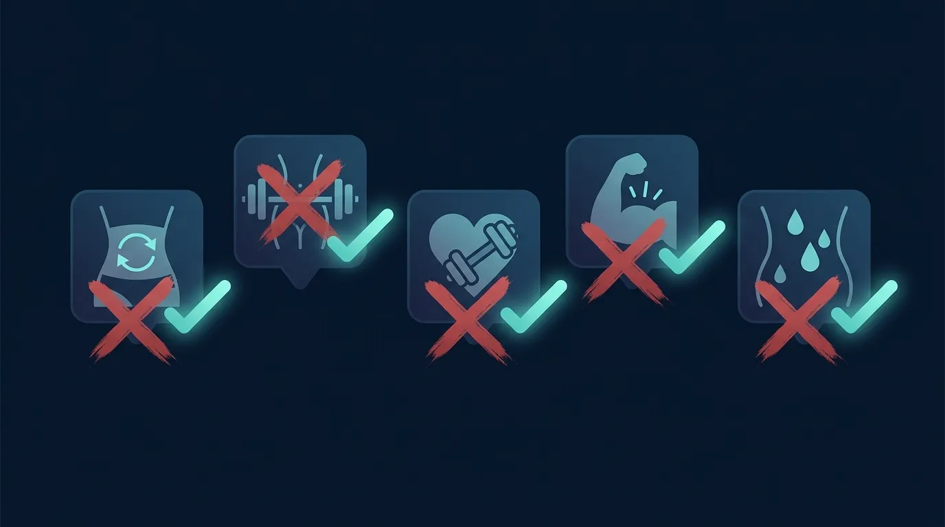 Editorial illustration showing five common fitness myths being crossed out with research citations replacing them
