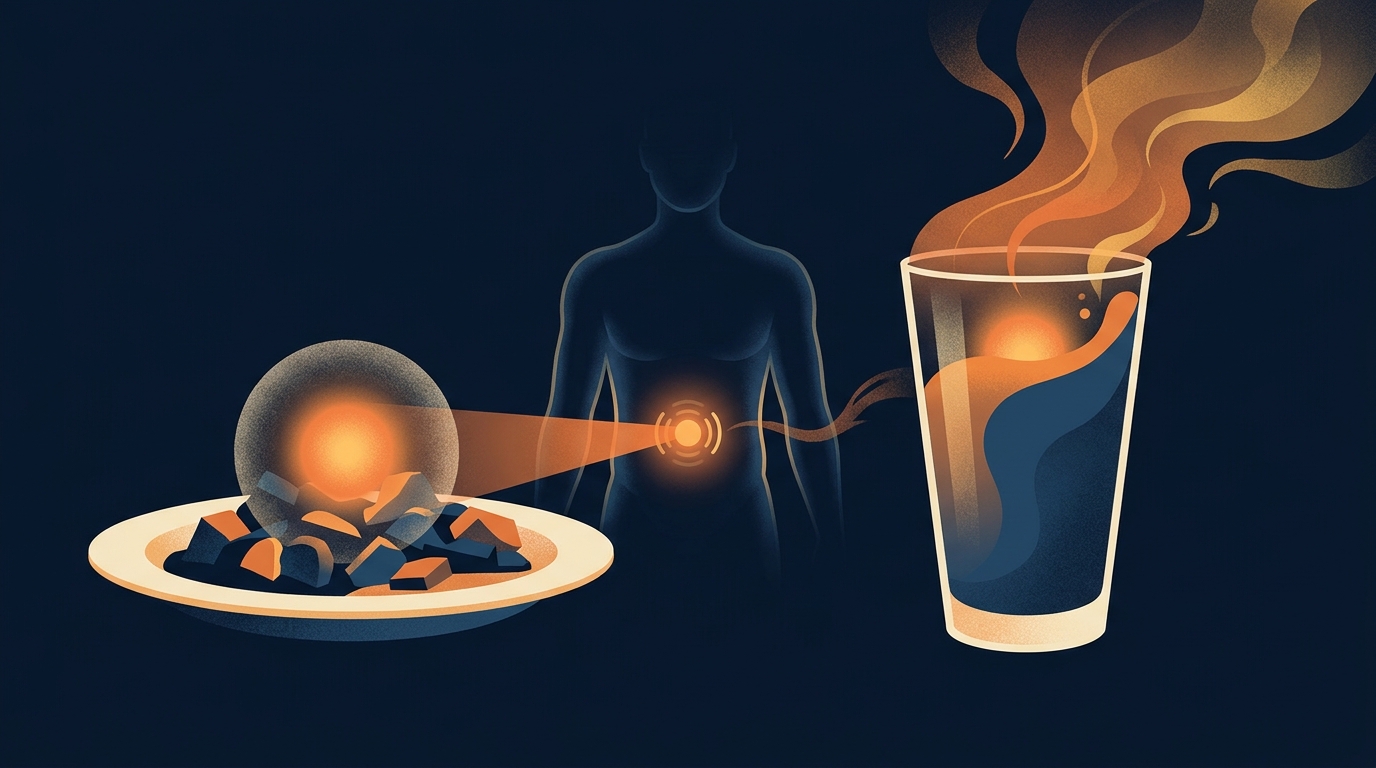 Conceptual illustration showing solid food triggering a strong gut satiety signal while liquid calories slip past the same sensor