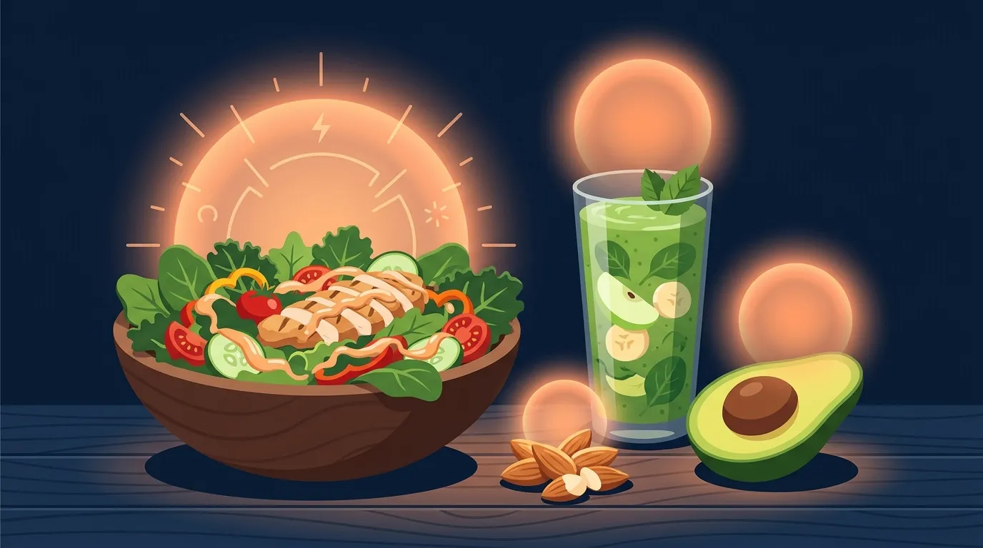 Conceptual illustration showing visually 'healthy' foods like a giant salad and a smoothie revealed to contain hidden calories